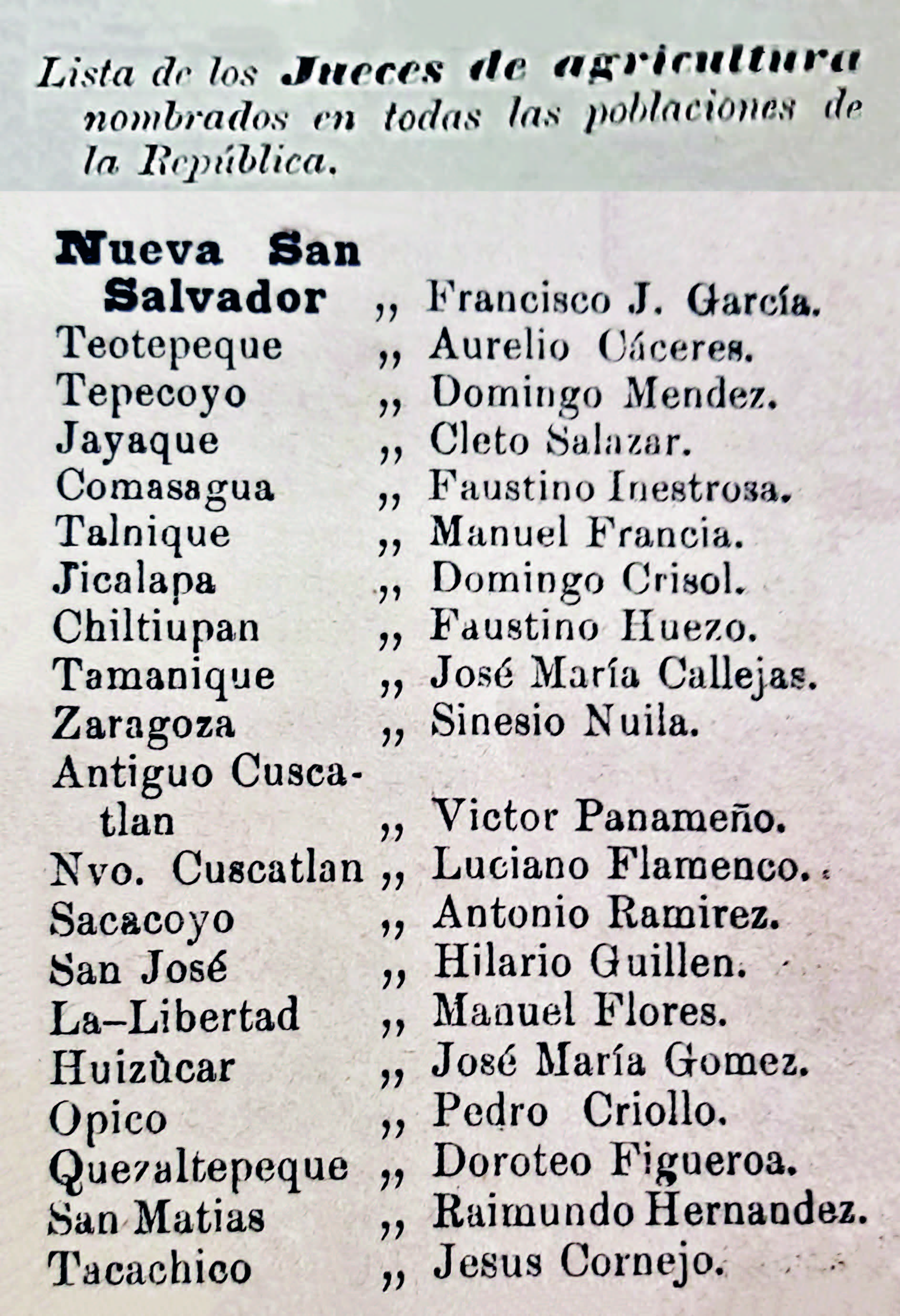 Jueces de agricultura del departamento de Nueva San Salvador.
                            Dentro de la gráfica se destaca la presencia de Hilario Guillen,
                            quien fungía como juez de agricultura de San José Villanueva
                            para 1881. Fotografía tomada del Diario Oficial de El Salvador,
                            facilitado por el Archivo General de la Nación